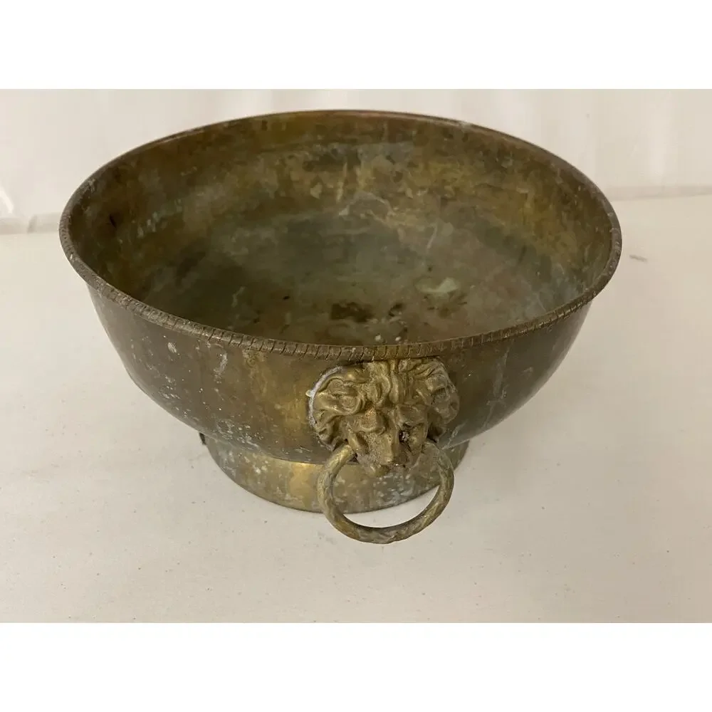 Old Antique/Vintage Middle Eastern Copper Etched Footed Bowl Lion Head Ring